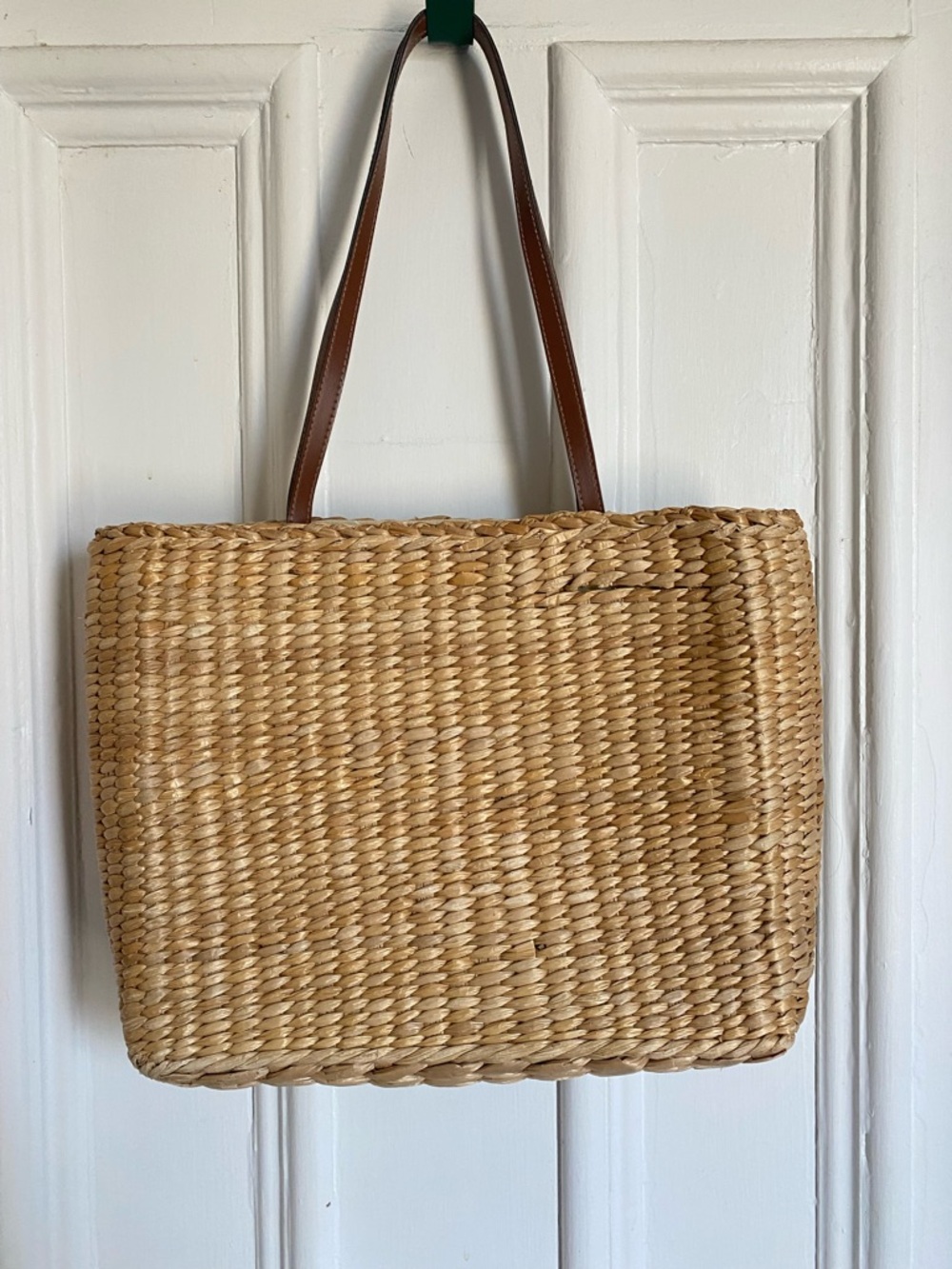Vintage Woven Straw Tote with Rooster Panel - Brown, Tan, Blue, Green - Picture 4 of 10